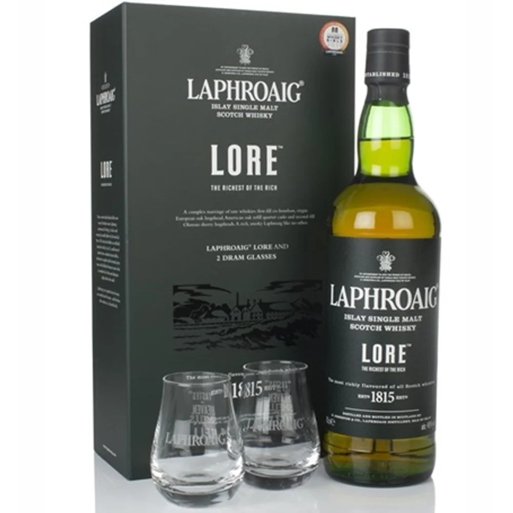 Botella de Laphroaig Lore Gift Pack With 2X Glasses